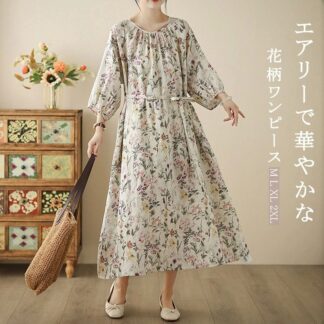 ワンピース 夏 レディース 花柄 花柄ワンピース ワンピ ロングワンピース Uネック フレアワンピース ボリューム袖 ウエストリボン ポケット 七分袖 小花柄 きれいめ 七分袖ワンピ