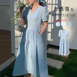 半袖 ワンピース Vネック レディース 春夏 半袖ワンピース ワンピ Aライン マキシ丈ワンピース ボリューム袖 フレアワンピース きれいめ タック ハイウエスト ロング マキシ 体