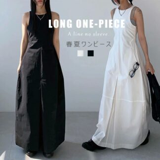 ノースリーブ ロングワンピース レディース 春 夏 コクーンワンピース ワンピ フロント タック入り ノースリーブワンピース クルーネック マキシワンピ マキシ丈 ロングワンピ タンクトップ
