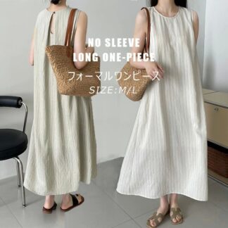 ノースリーブ ワンピース レディース オフィス 夏 マキシ丈ワンピース バックオープン ワンピ ストライプ ロングワンピース 春夏 ロング丈 Aライン 大きいサイズ ノースリ クルーネック