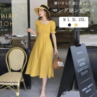 ロングワンピース レディース スクエアネック 夏 ロング ワンピース 半袖 フレアワンピ 切り替え ロングワンピ ドッキング ミモレワンピ マキシワンピース ハイウエスト 落ち感 ロング丈 マキ