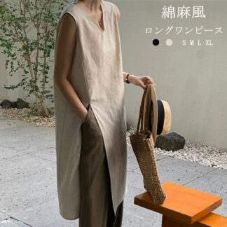ロングワンピース レディース 袖なし ノースリーブワンピース 夏 綿麻風 Aライン ロング ワンピース フレア Vネック サイドスリット マキシワンピース ノースリーブ ロング丈 マキシ 体型