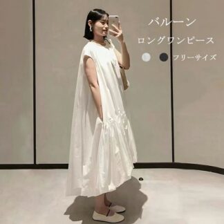 シャツワンピース 半袖 レディース 夏 フレア バルーンワンピース 大きいサイズ ロング ワンピース シャツワンピ ラウンドネック バルーン ロングワンピース 前後差 落ち感 春夏