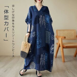 ワンピース マキシワンピース レディース 夏 ロングワンピース 半袖ワンピース 大きいサイズ ドルマンスリーブ 総柄 リゾートワンピース ワンピ 五分袖 ロングワンピ ドルマン ゆったり 体