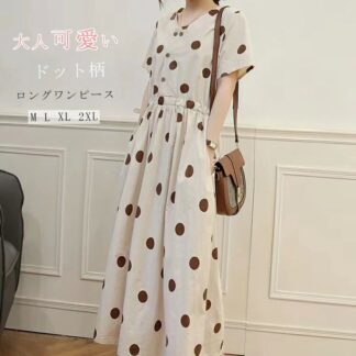 ロングワンピース 半袖 ドット柄 レディース 夏 マキシワンピース ワンピース aライン 綿麻混 ウエスト紐 ポケット付き 大きいサイズ 水玉ワンピース ロングワンピ リゾートワンピース 夏ワン