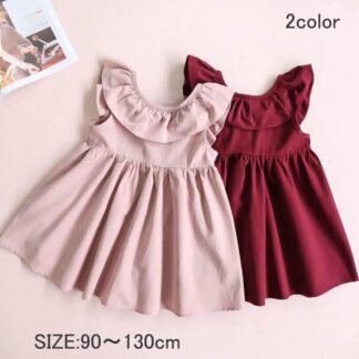女の子肩フリル ノースリーブ ワンピース キッズ ベビー服 夏服 海外 子供服 フレア 女の子 ジュニア 90cm 100cm 110cm 120cm 130cm 無地 ピンク ワインレッド