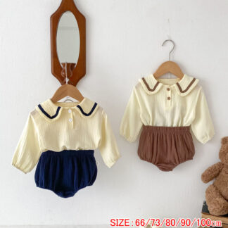 ベビー服 ベビー セットアップ コットン 長袖 上下セット 女の子 男の子 綿 赤ちゃん 新生児 子供服 おしゃれ 春 夏 秋 おすすめ ブラウン ネイビー 短パン シンプル セーラーカラー