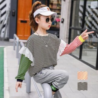 韓国風 長袖 Tシャツ キッズ 子供 長袖Tシャツ ロンT 女の子 ボーダー柄 t シャツ トップス 子ども 可愛い 子供服 ジュニア おしゃれな子供服 カジュアルTシャツ ダンス衣 ベビー