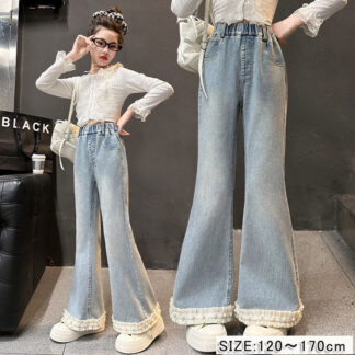ガールズ フレアデニムパンツ ジュニア キッズ 女の子 ボトムス 美脚 脚長効果 パール 裾フリル デニム ジーパン フレアパンツ ウエストゴム 伸縮性 かわいい ガーリー カジュアル 通学