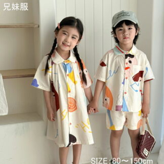 子供服 キッズ かわいい 女の子 男の子 セットアップ 可愛い 兄妹お揃い グラフティ 半袖 シャツ パンツ ワンピース 上下セット 夏服 赤ちゃん ジュニア 子ども服 カジュアル ベビー服