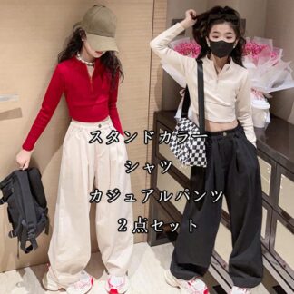 スタンドカラー シャツ カジュアルパンツ ２点セット ハイネック 3色選択 ワイドパンツスーツ シャツシート下着 春秋 七五三 ブラウス 女の子 トップス おしゃれ 春秋新作 キッズ