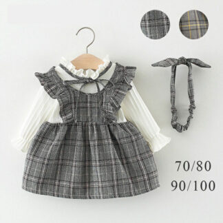 ベビー服 女の子 ワンピース 子供服 長袖 ベビー 春 チェック柄 ヘアバンド付き キッズ 赤ちゃん 結婚式 ニット セレ ドレス
