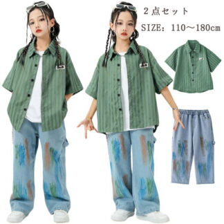 キッズダンス ダンス衣装 単品 セットアップ シャツ 緑 デニム ジーパン ブルー パンツ 半袖 子供服 男の子 女の子 hiphop ダンスウェア キッズファッション ダンス