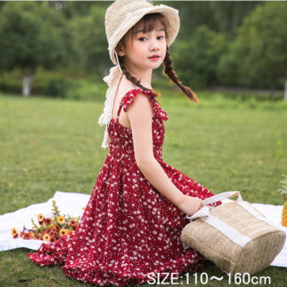 ワンピース ロングワンピース 子供服 ノースリーブ オフショルダー キャミワンピース 女の子 花柄 キッズ 肩出し 夏 シフォン素材 フリル ワインレッド 110cm 120cm 130cm 発表会
