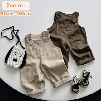 キッズ サロペット 綿100% オーバーオール ワイドパンツ イージーパンツ バギーパンツ 10分丈 ベージュ ブラウン 子供服 女の子 女児 男の子 シンプル カジュアル 普段着 男児