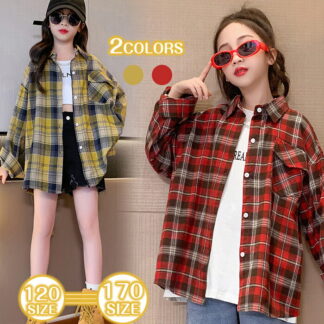 チェックシャツ シャツ キッズ シャツジャケット タータンチェック シャツアウター 長袖シャツ トップス 春シャツ ベーシック カジュアルシャツ 上着 女の子 女児 春秋 前開き 長袖 着やせ