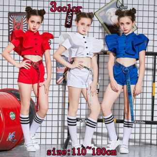 キッズダンス衣装 女の子 子供ダンス ジャズ 派手 上下セット フレア袖 半袖 jazz hiphop ヒップホップ ガールズ チアガール ダンスウェア ホワイト ブルー レッド ショートパンツ