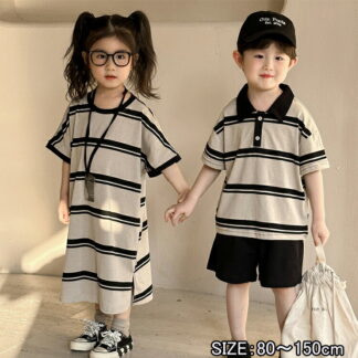 子供服 セットアップ キッズ 兄妹 女の子 男の子 横縞 上下セット 韓国 ジュニア 赤ちゃん ベビー服 キッズ服 可愛い tシャツ 半袖 パンツ ワンピース 杏色 おしゃれ 幼稚 黒