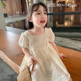 子供女の子ジュニア レースワンピ 半袖 ワンピース 夏 レース 半袖ワンピース スクエアネック 女児 レースワンピース レトロ 姫系 膝丈