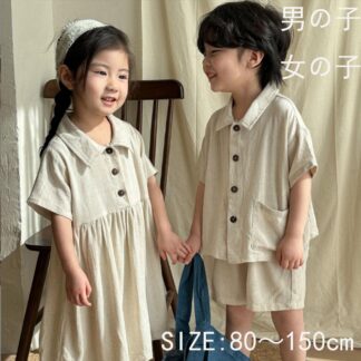 男の子女の子コットンリコットンリネンワンピース韓国子供服男の子２点セット兄弟姉妹春夏半袖短パンショートパンツ短パンシャツコーデ