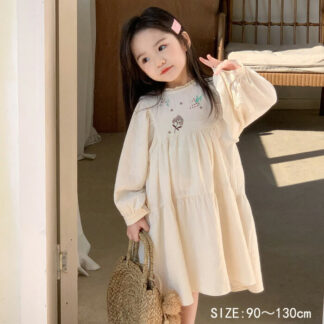 刺繍 長袖ワンピース キッズ ベビー ガールズ 女の子 女児 子供 子供服 ワンピース ドレス ベージュ 90cm 100cm 110cm 120cm 子ども きれいめ 綿10 130cm