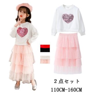 韓国子供服 セットアップ 女の子 Tシャツ スカート 2点セット新作 長袖 スカートTシャツ スパンコールTシャツ ボトムス スカートチュチュ 子ども服 ダンス衣装 11 カジュアル上下セット