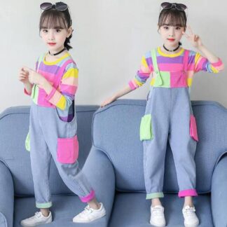 女の子 オーバーオール 韓国子供服 ２点セット春秋着 長袖Tシャツ +デニム パンツ おしゃれな子供服 上下 セットアップ キッズ ボーダー柄 Tシャツ ジ レインボーTシャツ