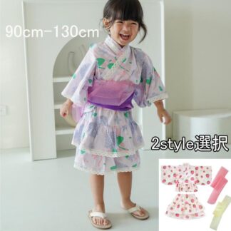 4点セット ワンピースになる2WAY 浴衣 セパレート 帯2本 子供服 キッズ ベビー 女の子 甚平 和服 着物 アジサイ着物 いちご着物 ドレス ゆかた 夏 夏祭り 小学生