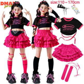 子供キッズ ダンス衣装 セットアップ 女の子 ピンク トップス へそ出し スカート 半袖 チアガール 応援団 キッズ ダンスウェア 派手 かっこいい 演出服 練習着 原宿 子供服 上下 ステージ