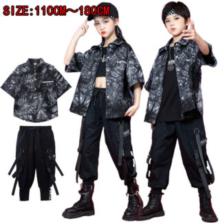 柄シャツ キッズダンス衣装 ヒップホップ セットアップ 衣装 キッズ 子供服 男の子 女の子 シャツ 黒 半袖 総柄 チョッキ へそ出し ズボン ロング丈 デザイン 舞台 ダンスウェア 演出服 忍者