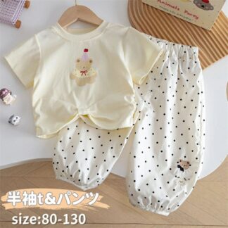 子供服 女の子 セットアップ 半袖 夏 キッズ パンツ 半袖tシャツ ワイドパンツ tシャツ 子供 パンツセット ロングパンツ ドット柄 ゴムウエスト 上下セット 女児 ガールズ 子ども服