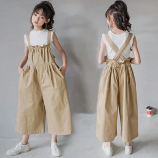 子供服 サロペット キッズ 女の子 パンツ セットアップ ワイドパンツ 2点セット ロング丈 ノースリーブ Tシャツ ボトムス オーバーオール