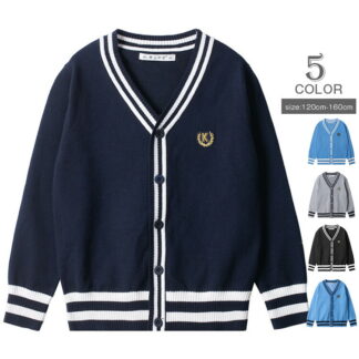 スクールカーディガン キッズ 子供 小学生 ユニセックス トップス カーディガン 春 秋 冬 制服 セーター ニット スクールニット 学生 Vネック 配色 羽織り レイヤード 長袖 長そで ス