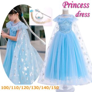 子どもドレス 雪プリンセスドレス プリンセス 子供 ドレス ティアラ ステッキ ウィッグ女の子 キッズ コスプレ コスチューム 衣装 子ども ワンピース ブルー 120 130 140 110